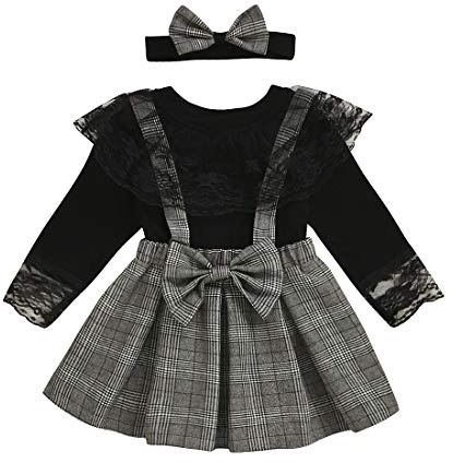 Verve Jelly Completi per Bambini Maglietta a Maniche Lunghe per Bambina Top in Pizzo Salopette Vestito con Cinturino Set Gonna Scozzese Inverno, Nero, 120, 4-5 Anni