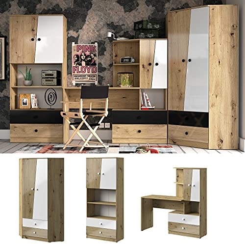 QMM Jugendzimmer Kinderzimmer komplett Neo Set A Schrank Schreibtisch Regale (Weiß-Hochglanz)