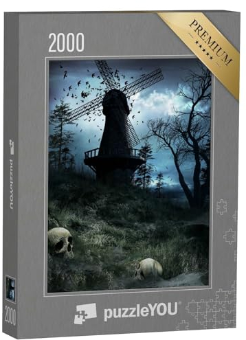 puzzleYOU: Puzzle 2000 Teile „Gothic-Illustration: Dunkle Windmühle mit Vögeln und Totenköpfen“ – aus der Puzzle-Kollektion Gothik