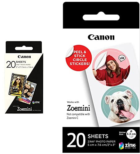Canon Zink Paper ZP-2030-50 Pack de 20 feuilles papier photo autocollant 5 x 7,6 cm pour imprimante Canon Zoemini, Zoemini C, Zoemini S, Zoemini S2 & Zink Circle Sticker ZP-2030-2C-20