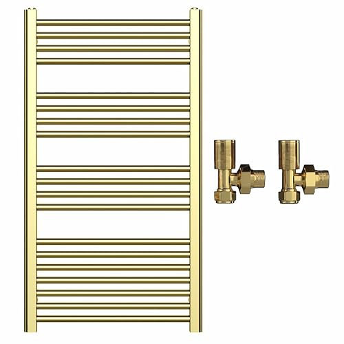 Myhomeware 500mm Wide Gold Heated Bathroom Towel Rail Radiator With Valves For Central Heating UK (With Angled Valves, 500 x 1000 mm (h))