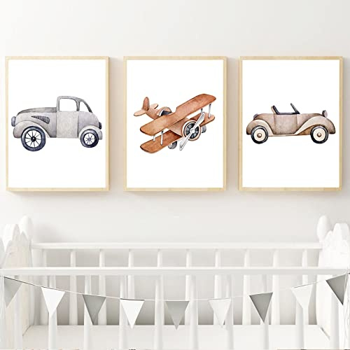 CULASIGN 3er Set Poster Kinderzimmer, A4 Bilder Babyzimmer Kinderposter OHNE Bilderrahmen, Wandbilder Deko Mädchen Junge, Kinderbilder Autos Flugzeuge Heißluftballons (ABC,30x40cm)
