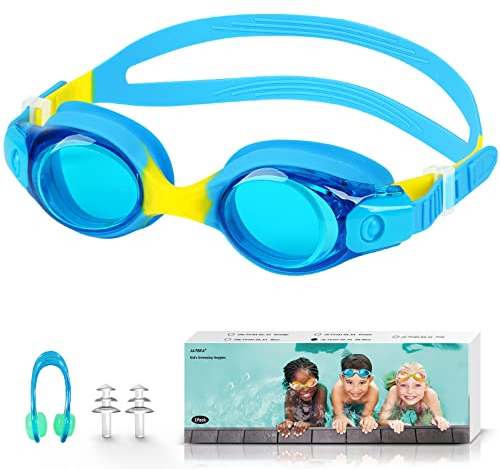 JATEKA Gafas de Natación para Niños, Adecuadas y Cómodas con Clip de Nariz y Enchufe de Oído. Gafas Antiniebla, Sin Fugas, Ajustable para Niños de 4 a 14 Años (Lago Azul)