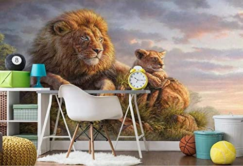 Papier Peint Panoramique Lion Africain Mère Et Enfant Papier Peint Intissé 3D Tapisserie Poster Decoration Murale Chambre Salon