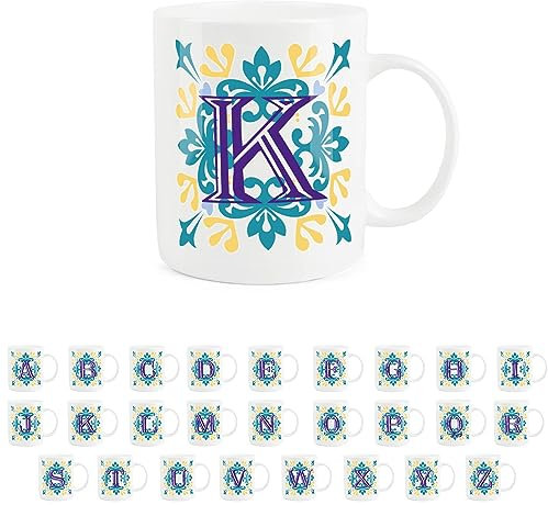 Purely Home Moroccan Tile Yellow & Blue Letter K Mug - White Initial Personalised Alphabet Tea Coffee Bone China Mug
