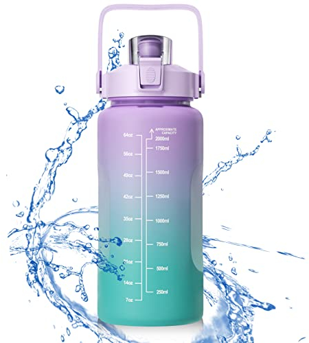 Newaner Botella de agua de 2 litros, botella de agua con escala, botella de agua sin BPA, a prueba de fugas, ligera y reutilizable, adecuada para deportes, pérdida de peso, fitness, exterior,