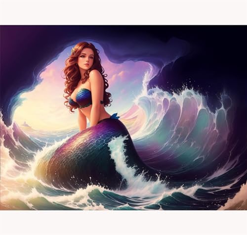 TWYYDP Puzzle 1000 Teile Aus Holz,Meerjungfrau in Den Wellen Holzpuzzle,Stress Abbauen und Probleme Lösen