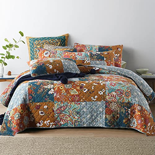 VISIMISI Tagesdecke 240x260cm Baumwolle Bettüberwurf 250X270cm Bettdecke mit 2 Kissenbezüge,Gelb Grau Blumen Patchwork Bunte Paisley Stil Steppdecke Gesteppte für Doppelbett