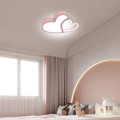 Begoniape Doppelte Herzform Deckenleuchte, LED Dimmbar Lampe Kronleuchter Deckenlampe, Cartoon Wolkenlampe Kinderzimmer Deckenbeleuchtung für Zuhause, Büro, Kinderzimmer 55 x 36x 6 cm Rosa