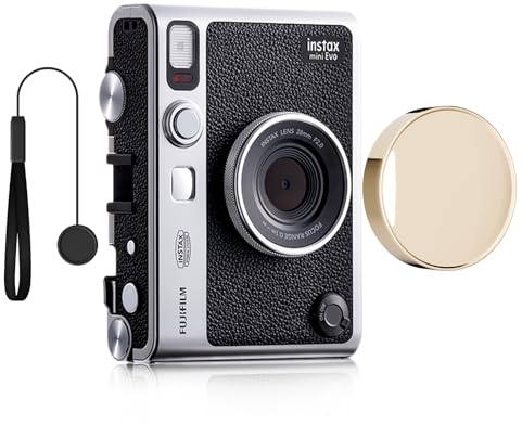 Rieibi Lens Cap for Fujifilm Instax Mini Evo, Fuji Mini Accessories for Instax Mini Evo Lens Cover with Anti-Loss Rope, PC Material Mini Evo Lens Cap with Flocking Internal - Gold