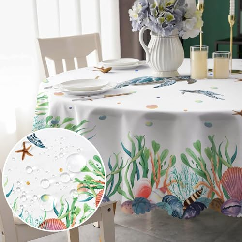 Tischdecke Rund 150 cm Abwaschbar Meeresschildkröte Tischdecke Fleckschutz Pflegeleicht Wasserdicht Tischtuch aus Polyester Tischdecken für Küche, Esstisch, Couchtisch, Party, Garten