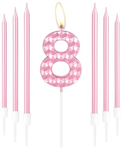 Pink 8th Birthday Candles, Girls Decorations, 3D Number 8 Candles, Long Candle, Cake Topper for Kids Women Birthday Party Wedding Anniversary Supplies