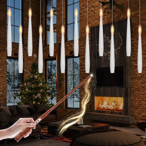 Soarling Weihnachtsdeko, LED Schwebende Kerzen mit Timerfunktion, 12 Hängende Stabkerzen mit Fernbedienung, Flackernde Flamme Licht für Halloween Filmabend Geburtstagskuchen Partei, Weiß