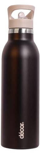 Décor Snap n Seal Insulated Water Bottle with Straw for 10 Hours Hot & 24 Hours Cold Drinks, BPA Free - 600ml Leakproof Stainless Steel Water Bottle & Carry Handle - Black.