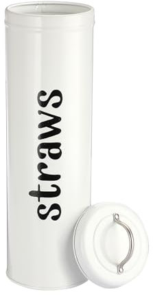 SUMNACON Galvanized Iron Straw Storage Container Dispenser, Rustic Farmhouse Straw Holder Kitchen Utensil Organizer Canister Drinking Straw Storage Canister White Storage Box for Long Straws
