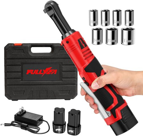 FULLYEA - Set di chiavi a cricchetto elettriche da 550 giri/min, strumenti a cricchetto da 3/8, 18 V con velocità variabile, luce LED, 7 prese, confezione da 2 batterie agli ioni