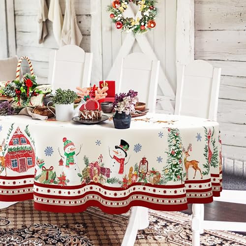 Ovale Weihnachts-Tischdecke 137 x 183 cm, Santa, Schneemann, Schneeflocken und Lebkuchenmann, aus wasserdichtem, knitterresistentem und langlebigem Polyester, für Feiertage, Winter und Heimdekoration
