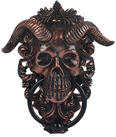 Gehörnter Gott-Skelett-Türklopfer, Geheimnisvolle Dämonenskulptur mit Hörnern für den Hauseingang, Hängetafel aus Kunstharz, Personalisiertes Gothic-Wandkunst-Dekor (Fotofarbe)