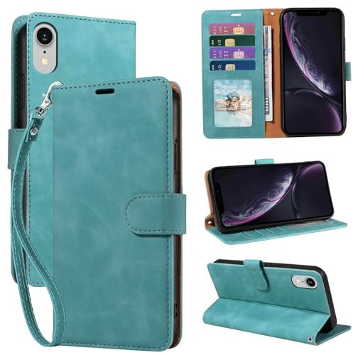 GOTOURED XR Phone Case Wallet, RFID Blocking 4 Card Slots, Wrist Strap, Kickstand, Magnetic Closure, Shockproof Protective Soft Leather Flip Cover for iPhone XR Case (Green)