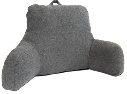 Reading Support Cushion – 50cm x 75cm Teddy Fleece Backrest Pillow, 30cm Deep Pocket, Hollowfibre Filling, Arm & Postural Support for Bed or Armchair, Portable Handle, Charcoal Grey, Made in Britain