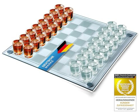 GOODS+GADGETS Drinking Brettspiel aus Glas Spiel Partyspiel für Erwachsene Saufspiel; Gesellschaftsspiel mit Würfel & Shotgläser lustiges Trinkspiel (Schach)