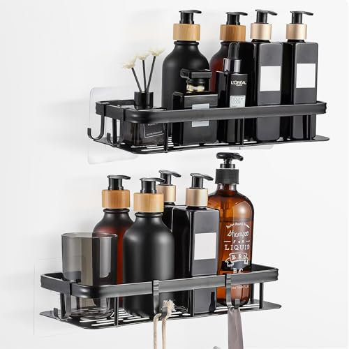 HXUING 2 Pièces Etagère de Douche sans Perçage, Etagere Salle de Bain Noir Etagere Douche sans Percage Etagere Douche avec Crochets, pour Salle de Bain, Cuisine, Chambre