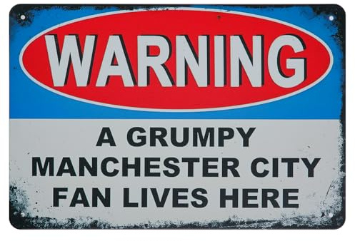 Funny Metal Sign for Manchester City Gifts Boys Men Football Merchandise | Grumpy Manchester City Fan Lives Here sign, wall decor for Manchester City