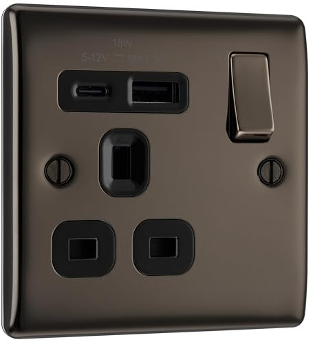 BG Electrical Single Switched Power Plug Wall Socket with Type A USB and Type C USB Charging Ports, Fast Charge, Raised and Slim Profile, Round Edges, Nexus Metal, Black Nickel, 13A, 18W, NBN21UAC18B