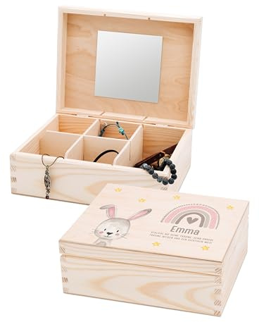 wunderwunsch Schmuckkästchen Holz Kinder, Schmuckaufbewahrung Mädchen | Personalisierte Schmuckschatulle und Haarschmuckbox als Taufgeschenke, kleines Kind Holzkästchen oder nützliche Schmuckdose