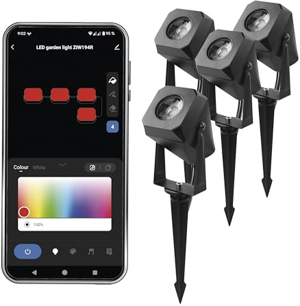 EMOS - Smart Gartenbeleuchtung mit Erdspieß, Startset 4 Stk - WiFi-Außenleuchten RGBIC+CCT-Farbspektrum, dimmbar, erweiterbar - HandyApp, Sprachassistenten - Strahler mit Stecker wasserdicht - schwarz