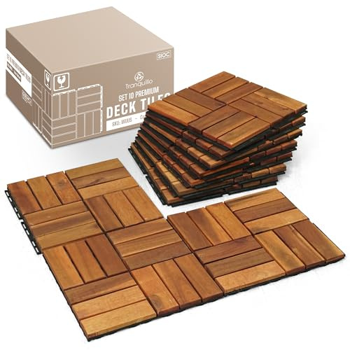 Tranquillo Confezione da 10 piastrelle ad incastro in legno di acacia, 30,5 x 30,5 cm, resistenti alle intemperie, per patio, balcone, bordo piscina, antiscivolo, facili da installare, finitura
