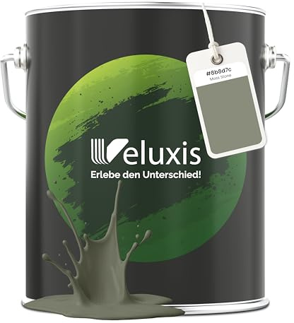 Veluxis Wandfarbe Grün Moosgrün matt 5 L – Moss Stone | Innenfarbe mit Deckkraft Klasse 1, VOC-frei, ohne Grundierung, tropfarm, für Wohnzimmer und Schlafzimmer