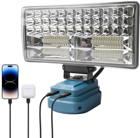 Akku Lampe für Makita 18V, 8400LM Led Arbeitsleuchte, Tragbares Flutlichter Baustellen Lampe Kabellose mit 2 USB-Aufladung 2 Helligkeitseinstellungen Für Autoreparaturen, Notfall Baustellen