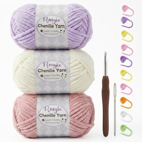 Dicke Chunky Chenille Wolle zum Häkeln - 300g 3-Farben Häkelgarn mit 6mm Häkelnadel Set, Flauschige Babywolle zum Stricken für Amigurumi, Babydecke, Schnellfertige Crafts