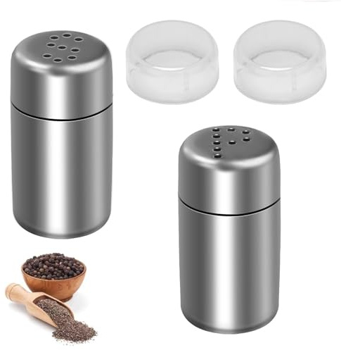 Funngy Mini Salt Shaker,2 PCS Juego de Mini Saleros y Pimenteros de Acero Inoxidable Dispensador de Especias para Cocina Bento Camping Salero con Agujeros y Frasco para Pimienta Azúcar Harina