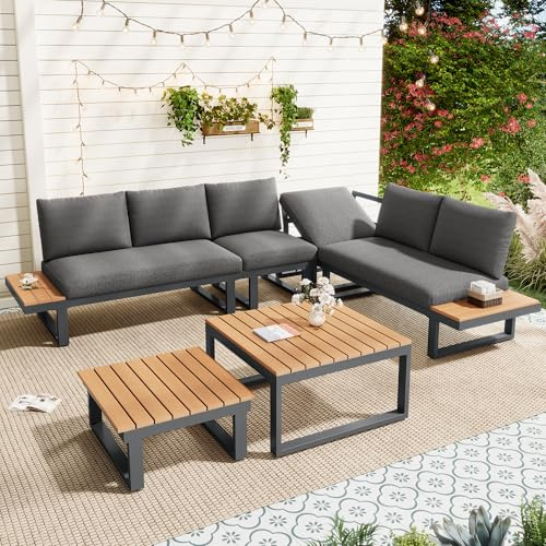 Ball & Cast 5-6 Seater Garden Lounge Set, Galvanized Iron Frame Outdoor Patio Furniture, 6-Piece Set, Reclining & Adjustable Seating, 2 WPC Tabletop Table Included, Gray fabric + black frame