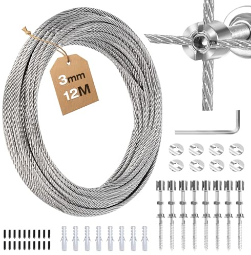Kit de corde pour plantes grimpantes en acier inoxydable 304, 3 mm, 12 m, avec pinces croisées, chevilles et vis, câble métallique pour plantes grimpantes, corde à linge (8 supports, corde de 12 m)