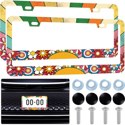 PRESSINART 2Stk Boho Blumen Nummernschildrahmen 12 x 6 Zoll Kennzeichenhalter Blumen Retro Sonne Edelstahl Auto Dekoration mit Schrauben passend für Standardfahrzeuge Größe für Männer Frauen SUV