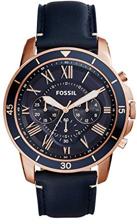 Fossil Grant uhr für Herren, Quarz-Chronographenwerk, mit Edelstahl- oder Lederarmband, Dunkelblau, 44MM