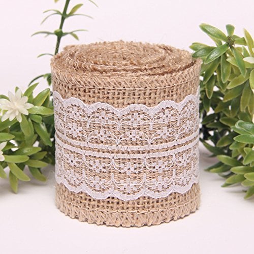jijAcraft 5M Jute Ribbon, Hessian Burlap Craft Ribbon Roll with White Lace Trimming for Vintage Wedding Party Favor Decorations