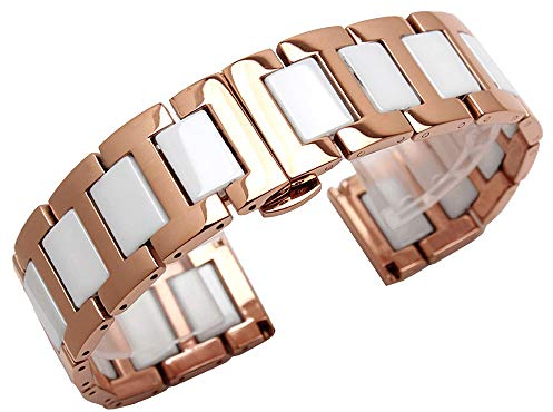 Kai Tian Two Tone Armbanduhr 18mm Weiß Keramik Armband für Damen Herren Roségold Edelstahl Uhrenband Alle Links Abnehmbares Ersatz Metall Uhrarmband mit Werkzeugen
