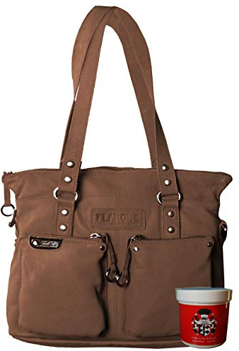 LL Baron of MALTZAHN Damen Schultertaschen FLAKONE Brown-Natur Shopper-718 aus Leder + Lederpflege