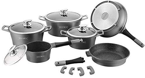 Royalty Line Set 14 Pezzi in Pietra LAVICA PENTOLE PADELLE e Coperchio per Uso Professionale E Domestico, Modello RL-ES1014M (Grigio)