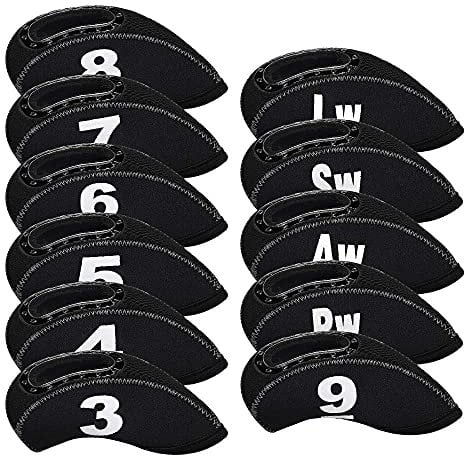 BIG TEETH Golf Iron Head Covers 11Pcs (3-9.Pw.Aw.Sw.Lw) Neoprene with Number Multi Colors Transparent Iron Number Flexible Fit for Titleist, Taylormade, Cobra (Black)