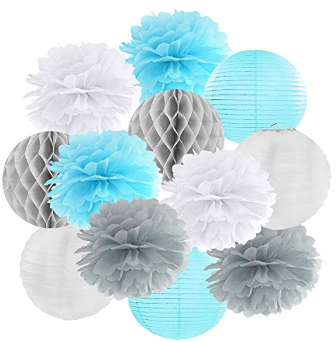 Hängedekoration 12 teilig Mix - Lampions, Wabenbälle / Honeycombs, Pompoms (hellblau / grau / weiß)