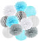 Hängedekoration 12 teilig Mix - Lampions, Wabenbälle / Honeycombs, Pompoms (hellblau / grau / weiß)