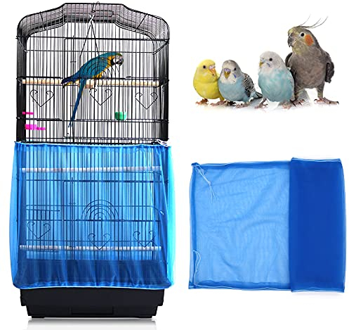 Mngren Universal Vogelkäfig Abdeckung, Einstellbar Vogelkäfig Samenfänger, Sanft Papageien Kordelzug Vogelfutter Kleintiere Netz, Abdeckung Rock Bewachen für Runde Quadratische Käfige (Blau)