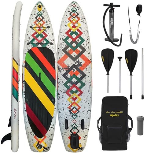 ALPIDEX Stand Up Paddle Set SUP 320 x 76 x 15 cm max. belastbar bis 200 kg Aufblasbar Stabil Leicht Komplett Set Tragetasche Paddel Finnen Luftpumpe Leash Repair Kit, Farbe:White