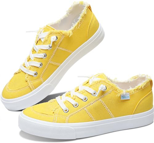Obtaom Women's Play Fashion Sneaker Comfortable Canvas Slip on Shoes Washed Canvas Flats(Lemon Yellow,US6)