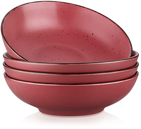 vancasso Serie MODA Platos llanos, Platos para pasta, Espagueti, Platos de porcelana para 4 personas, Desayuno/Poke Bowl rojo
